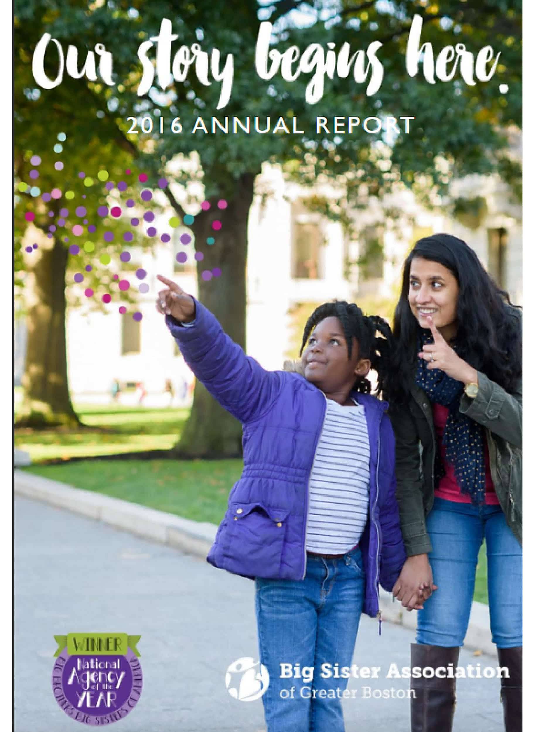 cover of the 2016 big sister annual report showing two girls pointing