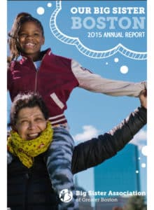 cover of the 2015 big sister annual report showing a girl sitting on a woman's shoulders
